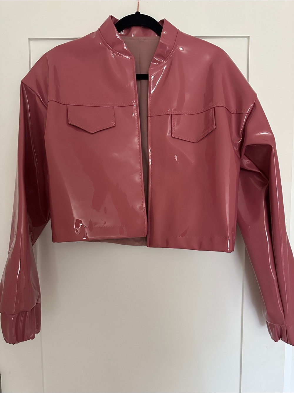 Oceote Uno Women's Glossy Patent Leather Cropped Jacket - Dusty Rose